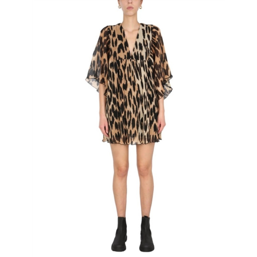 GANNI pleated georgette oversized mini dress in maxi leopard Small